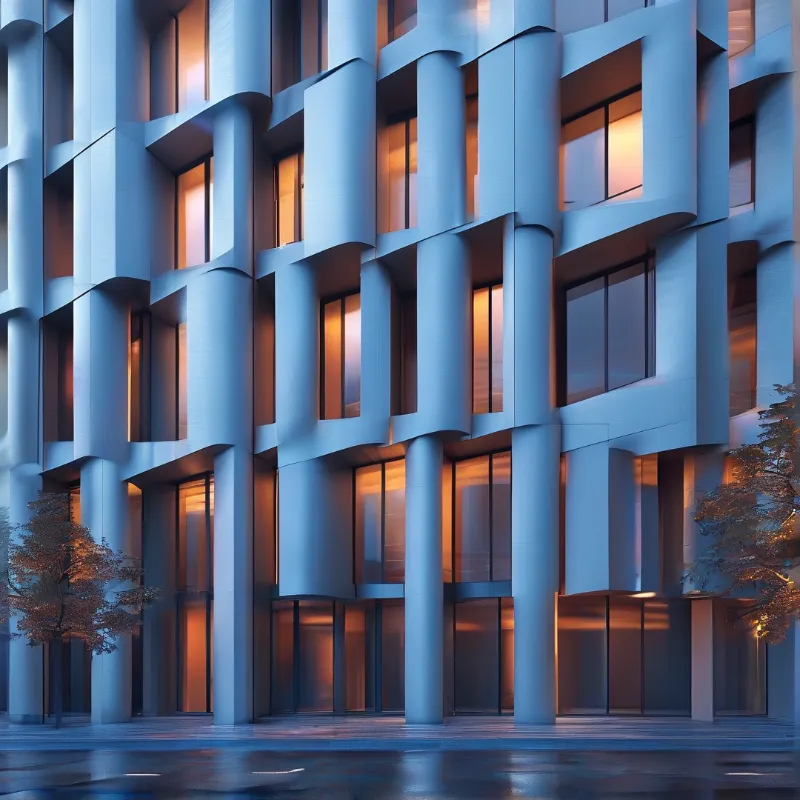 A modern building exterior features rhythmic blue columns contrasting with warm orange interior lighting at dusk.