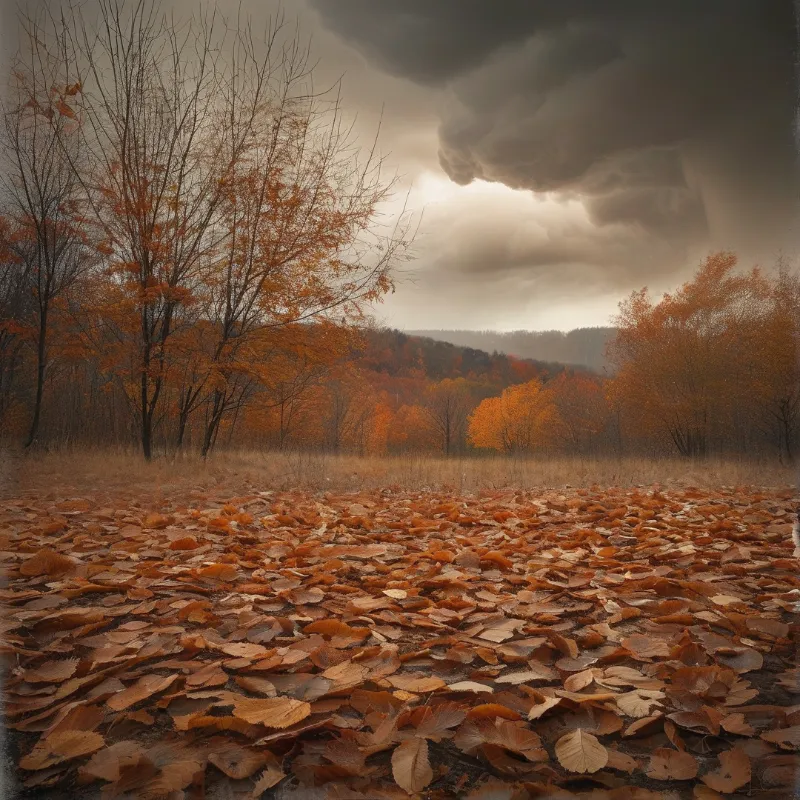 Burnt orange leaves blanket the foreground of a hazy autumn woodland as heavy dark storm clouds hang over distant tree lined hills
