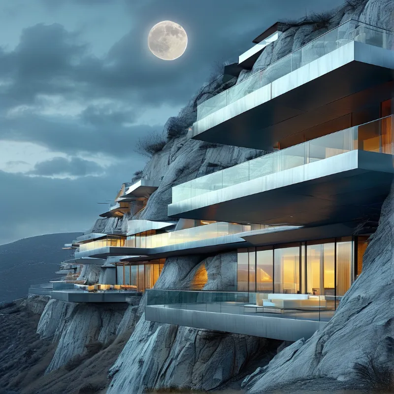 Modern glass structures built into a steep rock face glow warmly under a cloudy night sky.