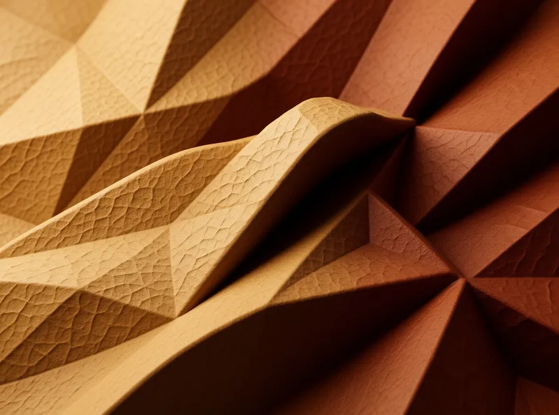 Warm brown leather-like surfaces fold into angular planes with deep shadows and cracked texture under directional lighting.