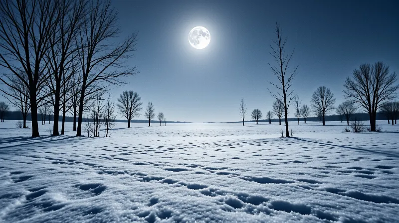 A wide view of a snowy plain at night with bare trees silhouetted against a dark sky and a bright moon.