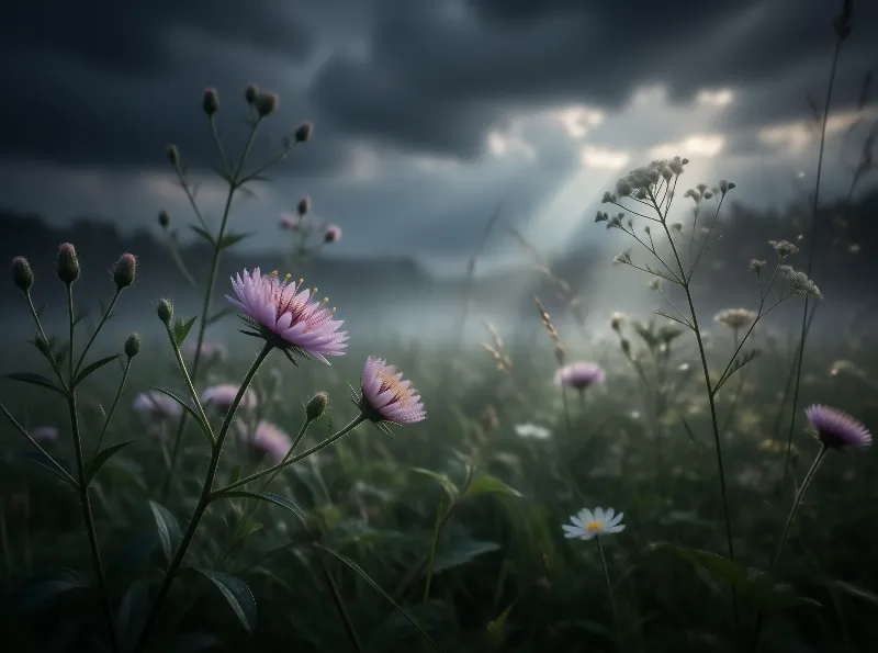 Stormlit Wildflower Meadow Landscape