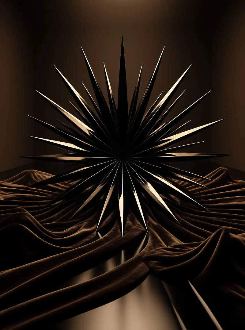 A sharp black geometric star form rests upon folded brown fabric with dramatic lighting highlighting its edges.