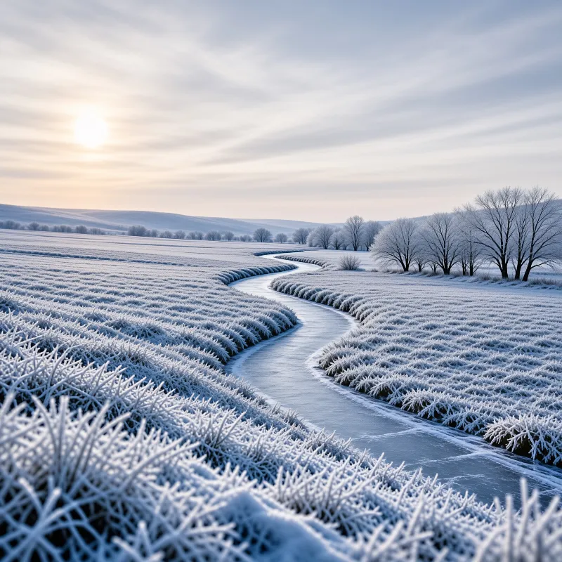 A winding frozen river flows through a field covered in thick frost while the sun rises low over distant hills.