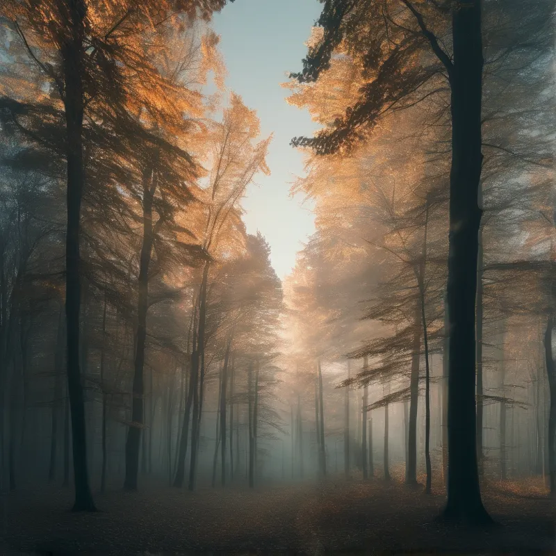 Tall pine trees stand in a foggy forest while golden sunlight filters through the branches from above.