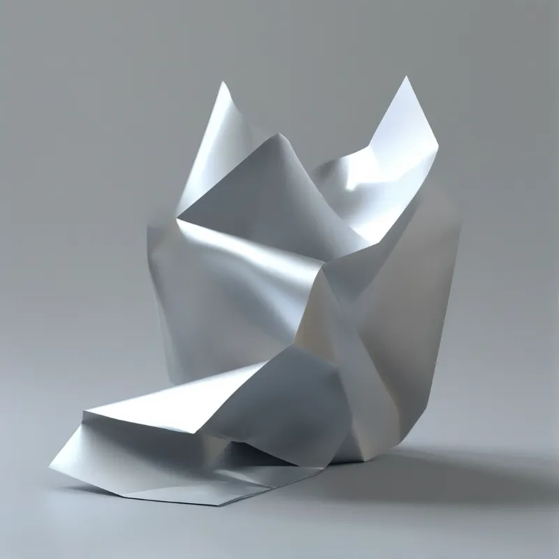 A crumpled silver sculpture sits on a gray surface, reflecting light with sharp folds and shadows.