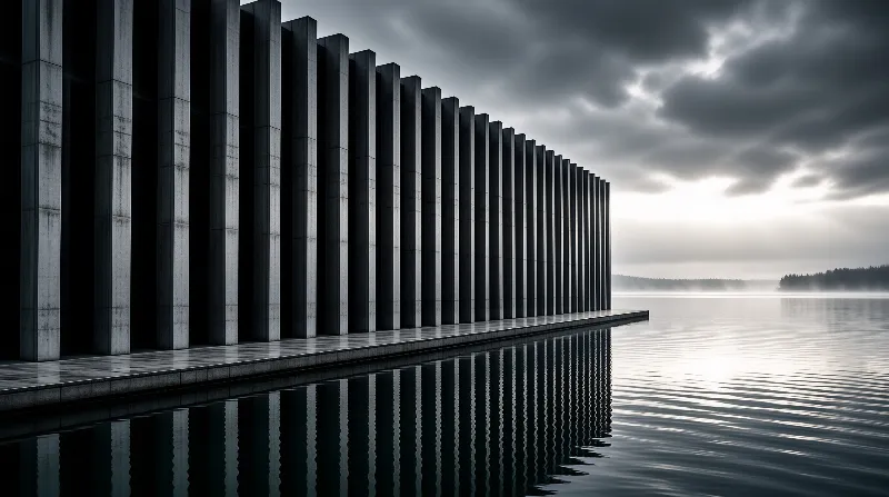A row of tall grey concrete columns mirrored in calm water beneath a moody overcast sky.