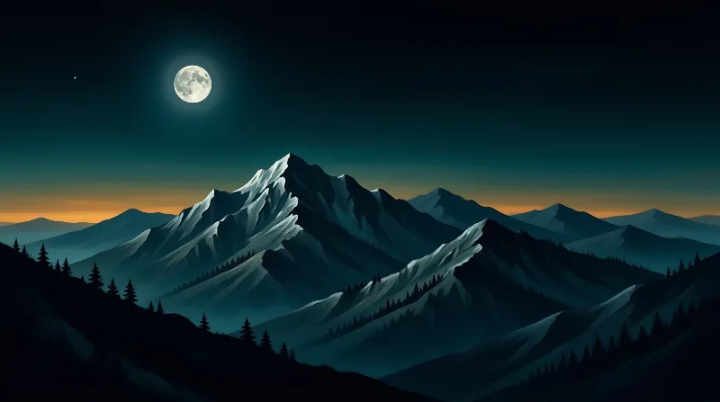 A luminous full moon shines above jagged snowy peaks with a glowing orange horizon and dark foreground trees.