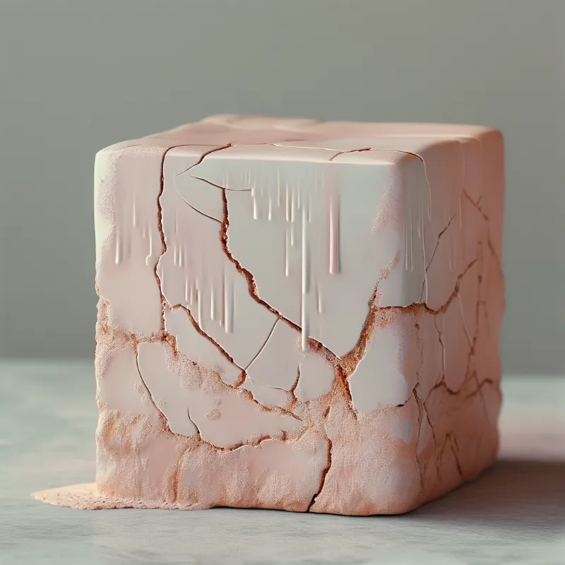 A sculptural cube of pale blush ceramic shows deep cracks and glossy drips of glaze running down its matte surface