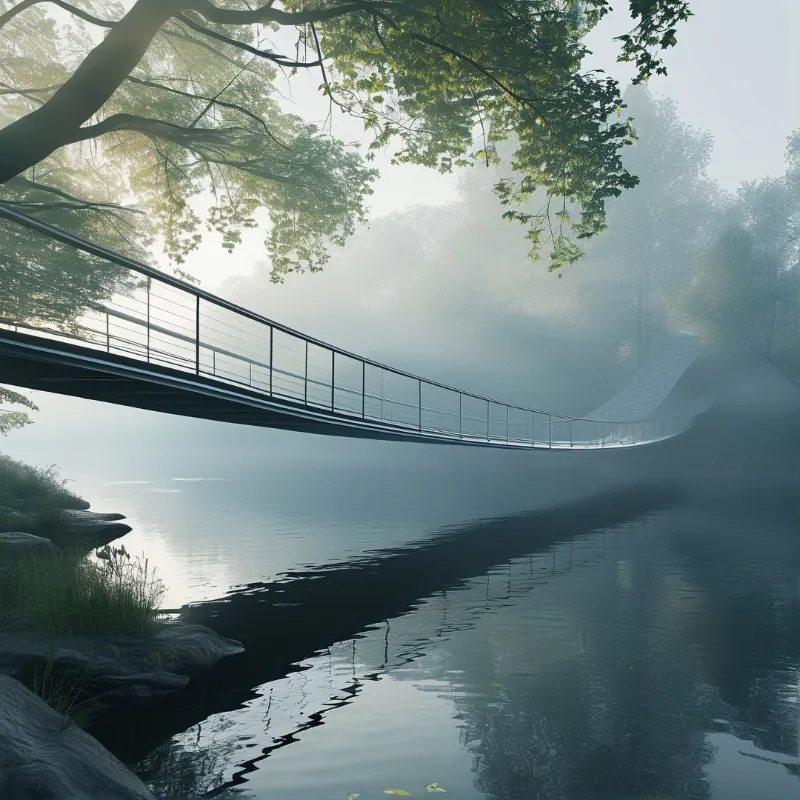 A slender metal footbridge curves across a misty lake, framed by overhanging tree branches and reflected in the still water.