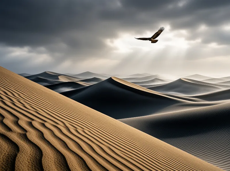 A bird of prey crosses the sky over layered dunes as sunlight spills through parting clouds.