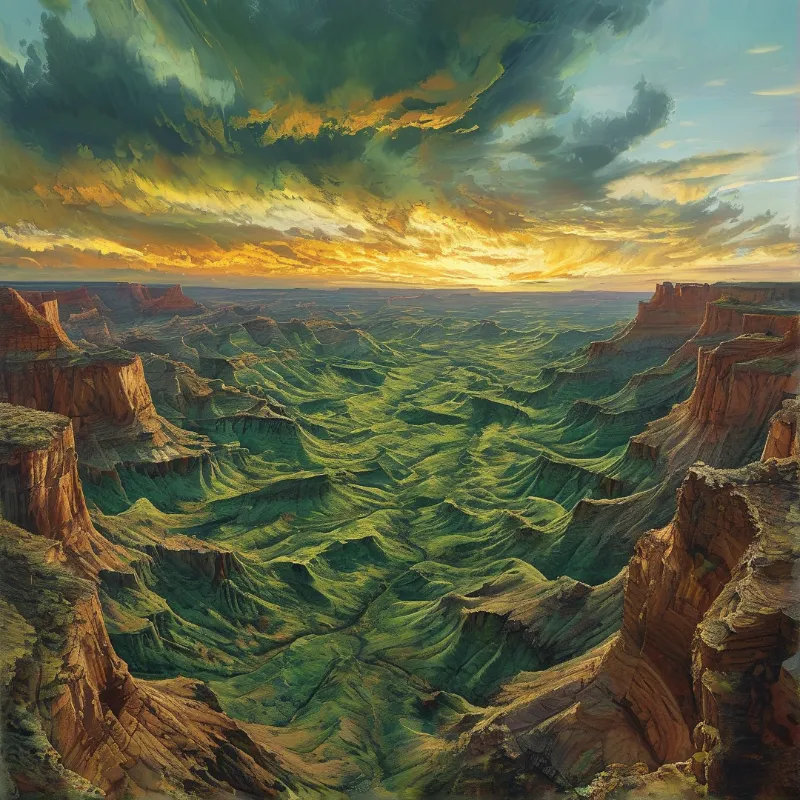 Green canyon valleys surrounded by reddish cliffs under a bright sunset sky