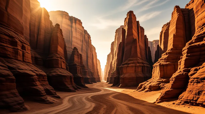A curved dirt road winds through a canyon of orange rock spires under golden sunlight.