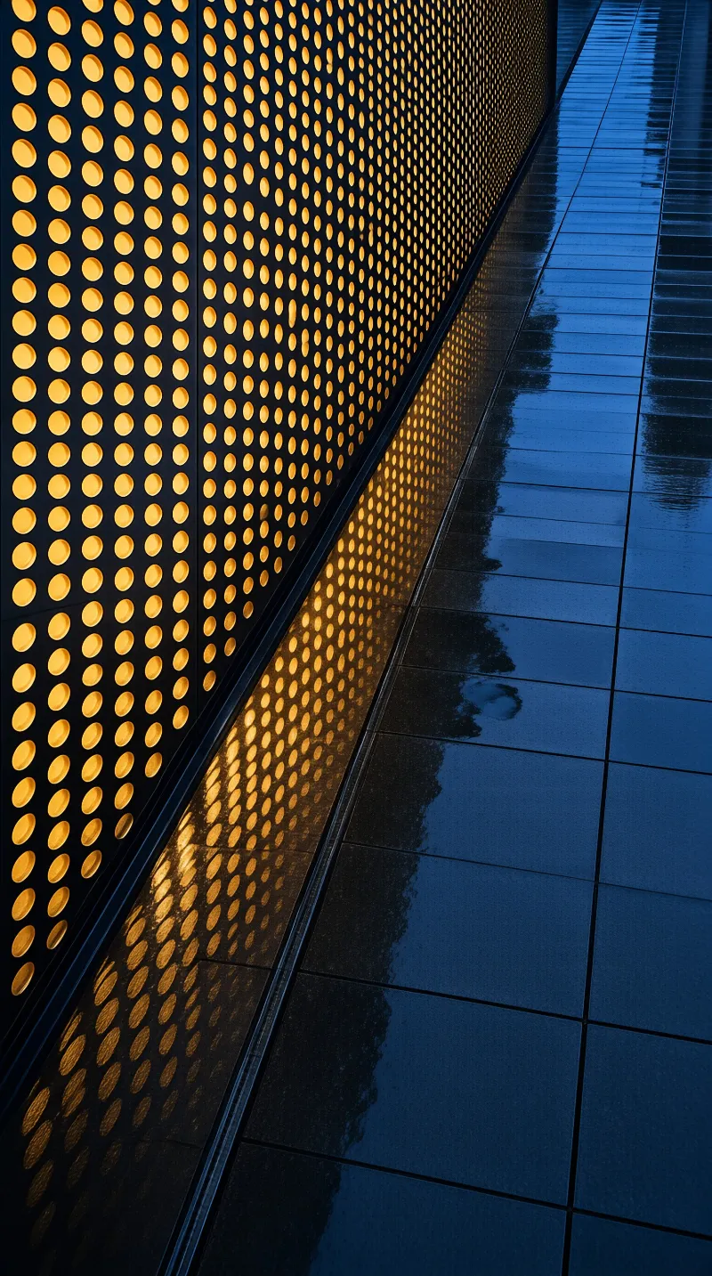 A dark perforated metal panel glows warm orange as its pattern is mirrored on wet deep blue tiled pavement