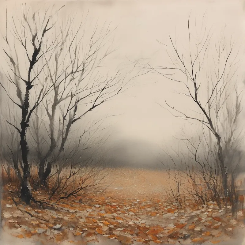 A misty woodland scene features bare trees framing a path covered in orange and brown fallen leaves.