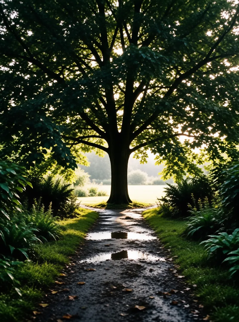 A wet gravel walkway winds through lush greenery towards a large tree backlit by bright sunlight filtering through the canopy.