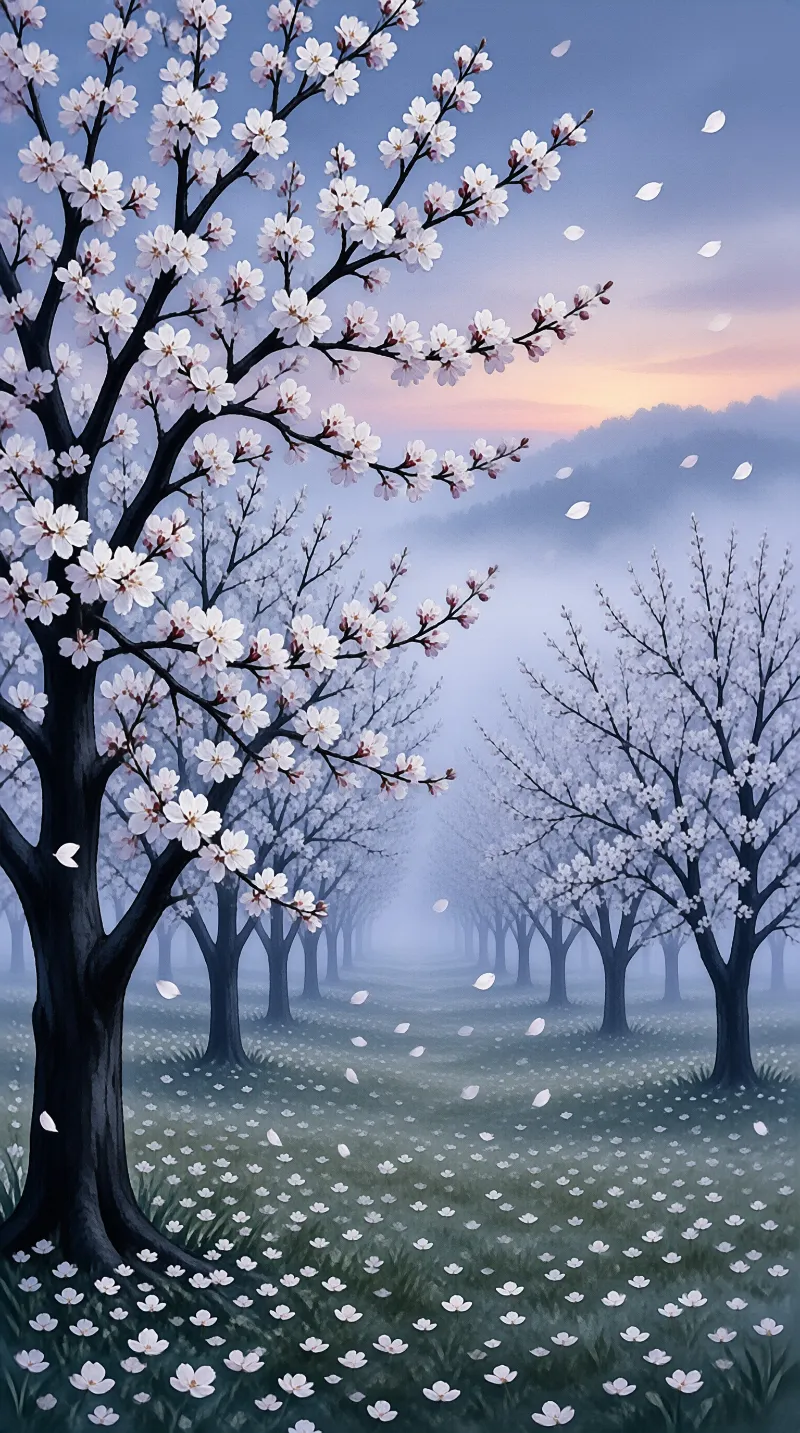 Blossoming trees line a misty path where white petals fall onto the grassy ground beneath a pale dawn sky.