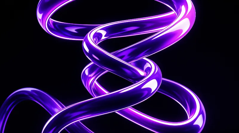 Glossy violet tubes twist and intersect against a solid black background with bright white highlights.