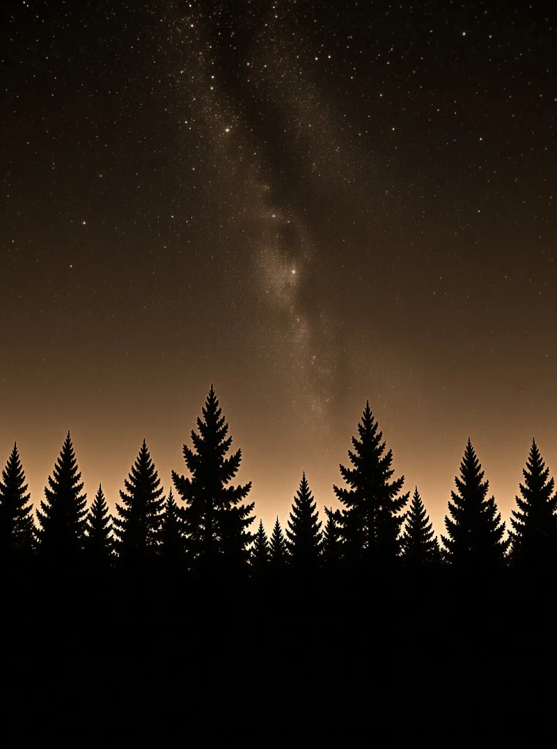 Dark pine trees silhouette the foreground below a warm horizon and a star-filled sky featuring the Milky Way.