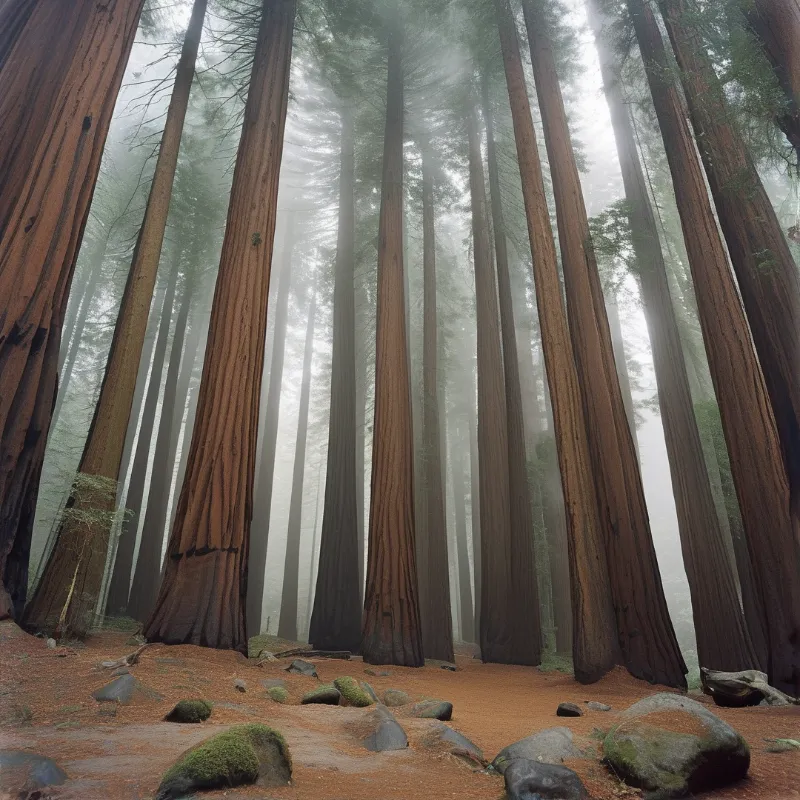 Massive redwood trunks rise vertically through a foggy forest where shafts of sunlight illuminate the moss-covered rocks on the reddish ground.