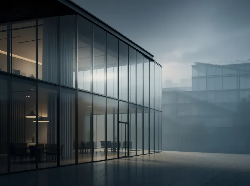 Modern Glass Building in Fog