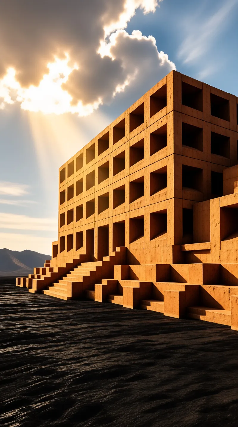 A massive grid-like building made of light brown blocks stands on dark ground with sunlight breaking through clouds.