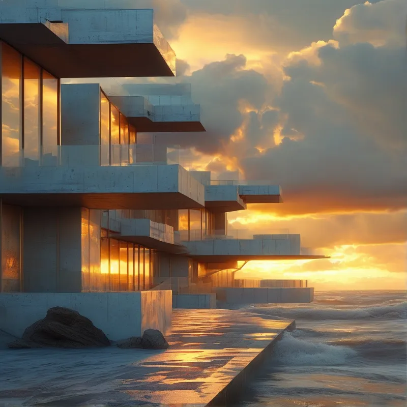 A modern geometric building with large glass windows sits on the shore during a fiery orange sunset.
