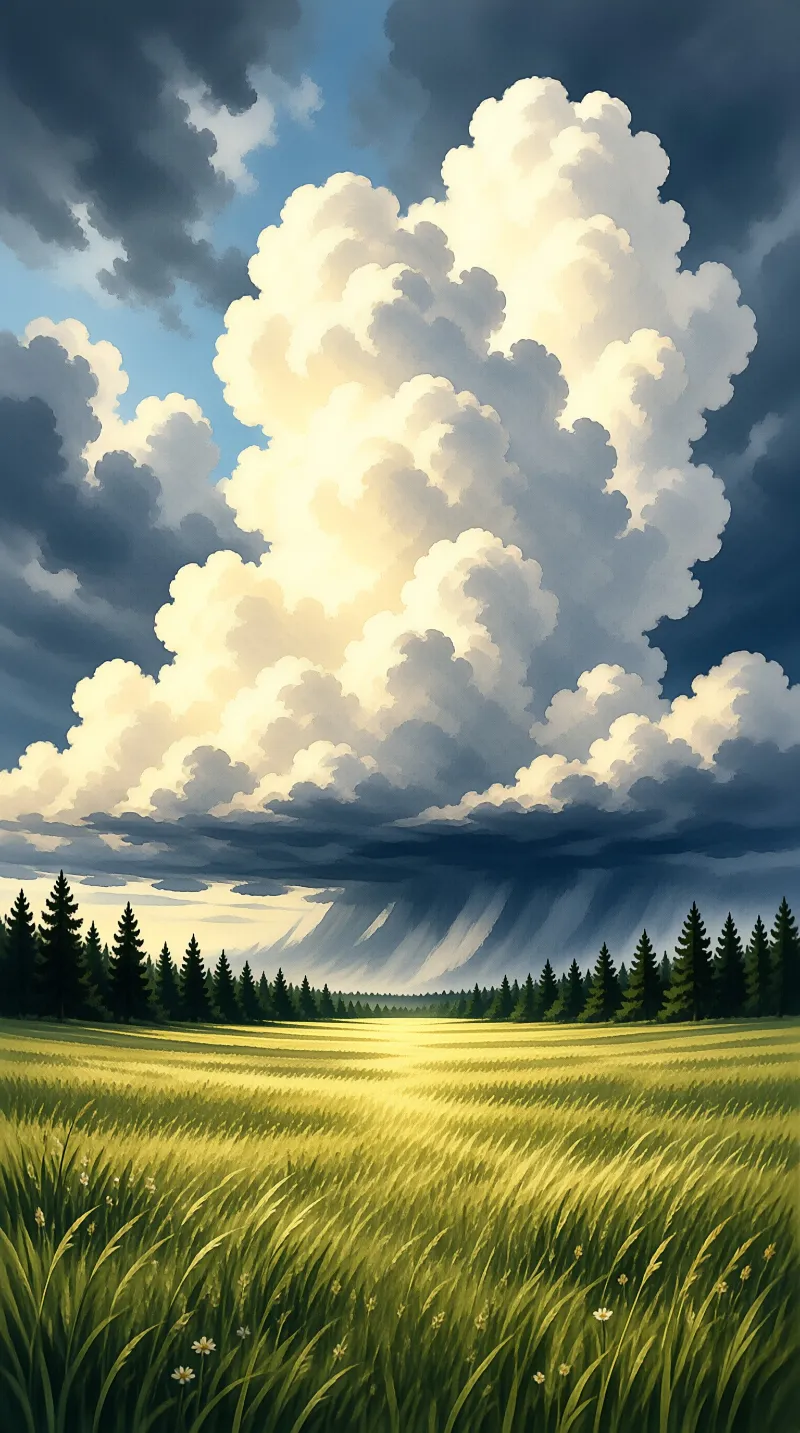 A towering storm cloud rises above a sunlit wheat field and a distant treeline of evergreen trees under a deep blue sky.