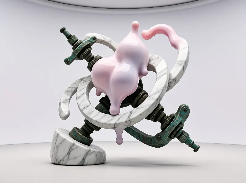 Glossy pink fluid flows through a white stone framework equipped with rusty bronze mechanical parts.