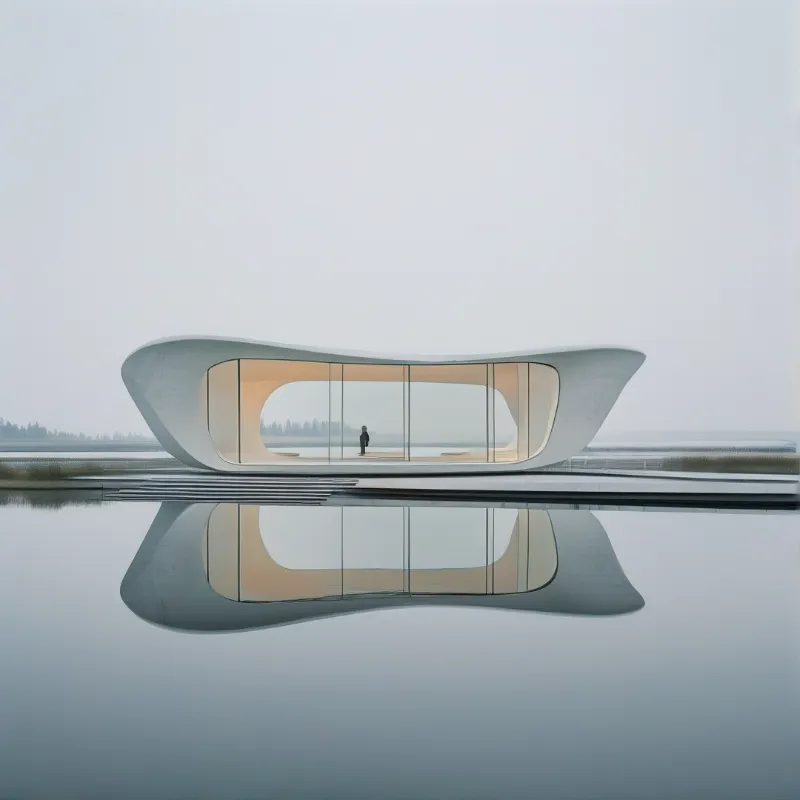 A pale curved pavilion floats above a glassy lake, its window glowing softly in the mist while a tiny figure stands inside.