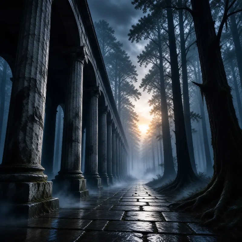 A long stone archway runs alongside a dense pine forest where morning sun breaks through the fog.