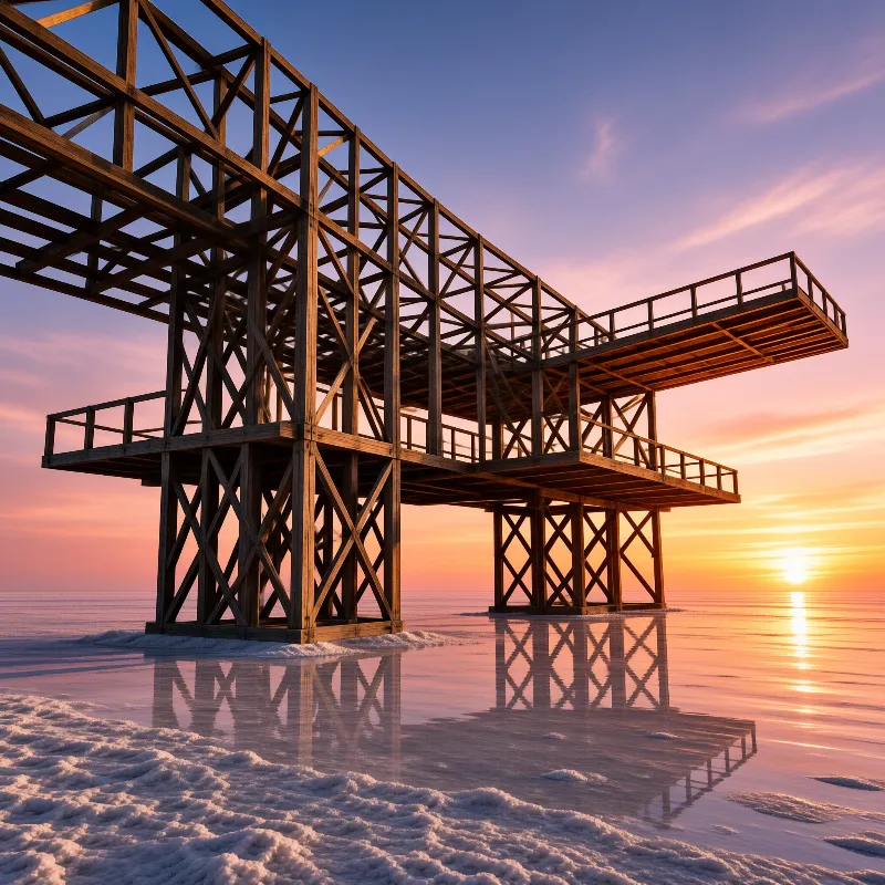 An open wooden framework stands on a frozen lake while the low sun paints the rippled ice in gold.