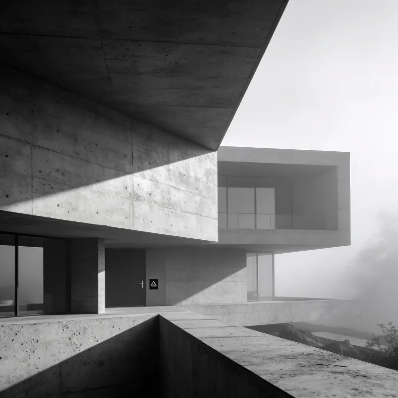 Villa with Brutalist Massing — Foggy Morning