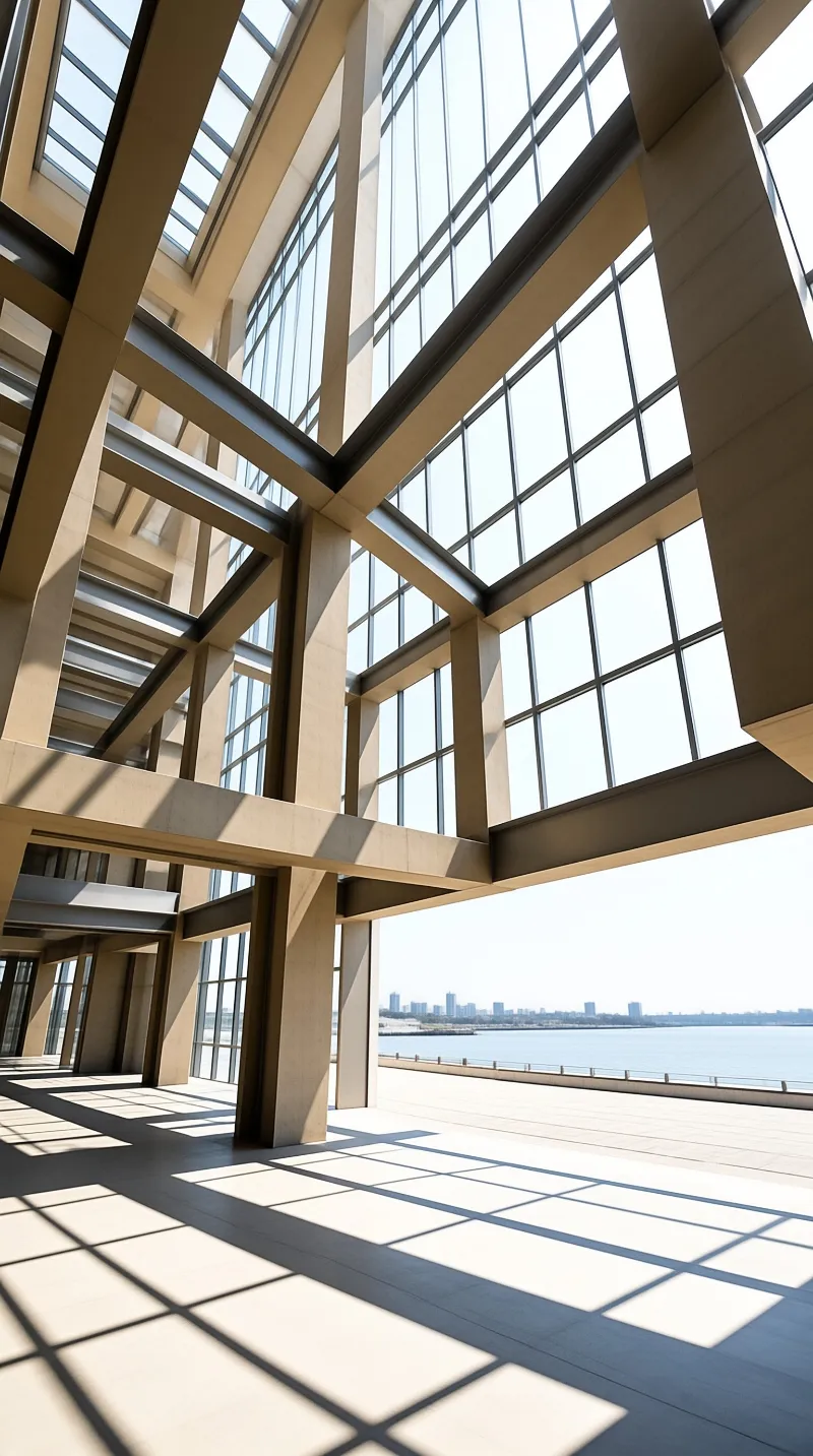 Inside a sunlit modern hall, raw concrete beams meet a tall glass curtain wall that frames a calm bay and distant skyline.