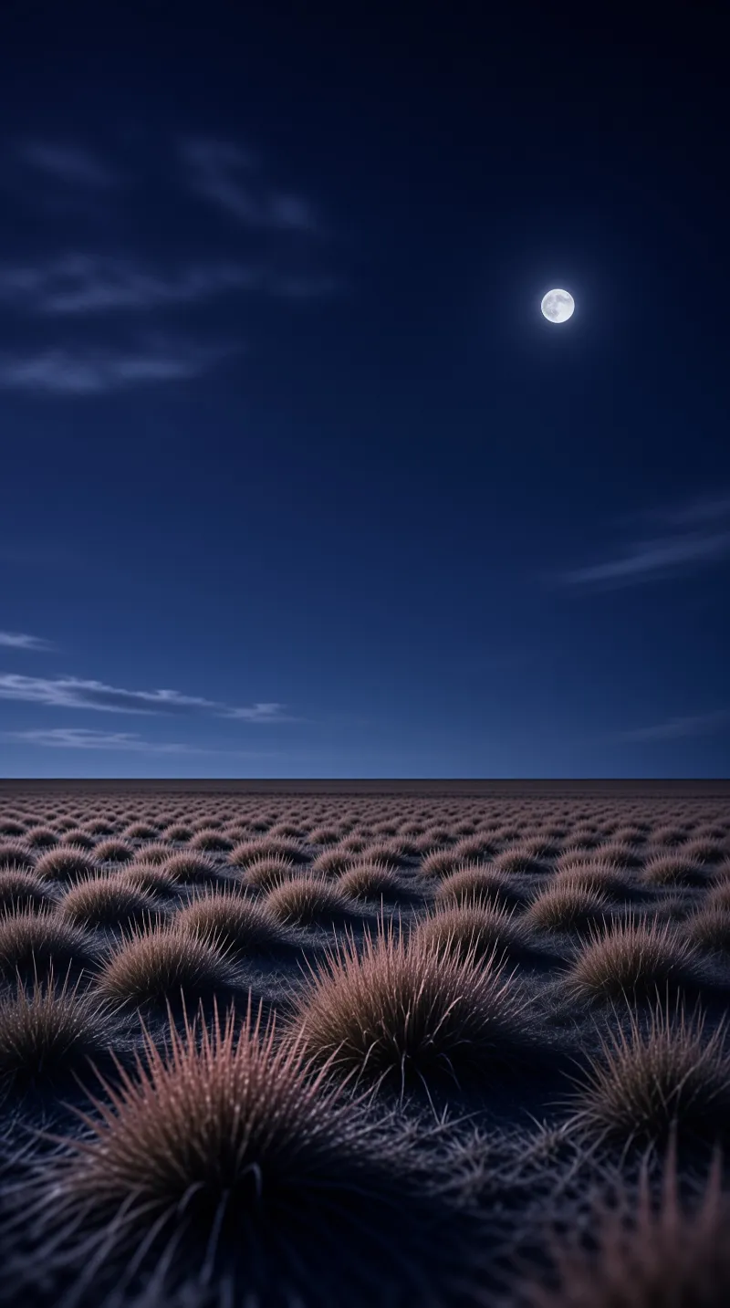 Dark grassy bushes stretch across a flat landscape beneath a bright white moon in a deep blue night sky.