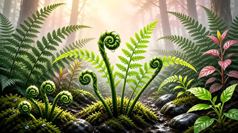 Vibrant green fiddleheads curve upward amidst mossy stones under soft foggy forest light