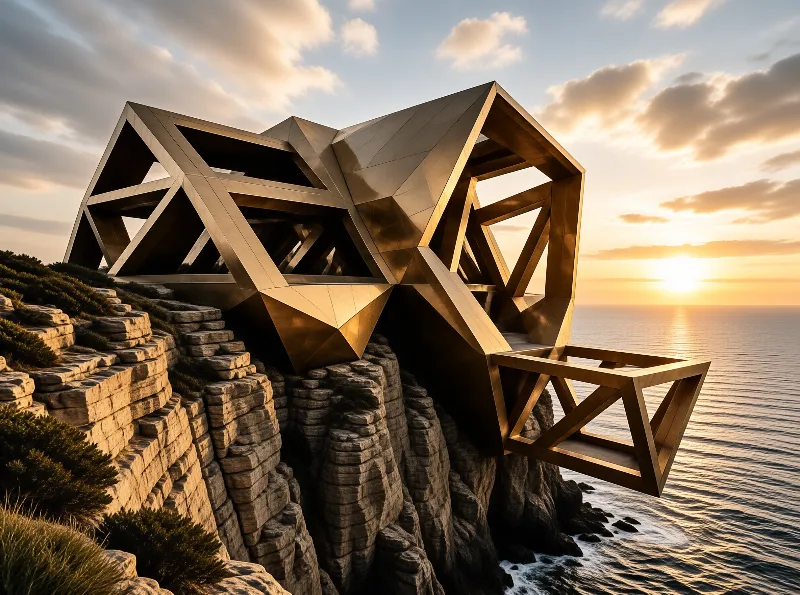 A large gold geometric pavilion stands on a rocky cliff edge overlooking the ocean during a warm sunset.
