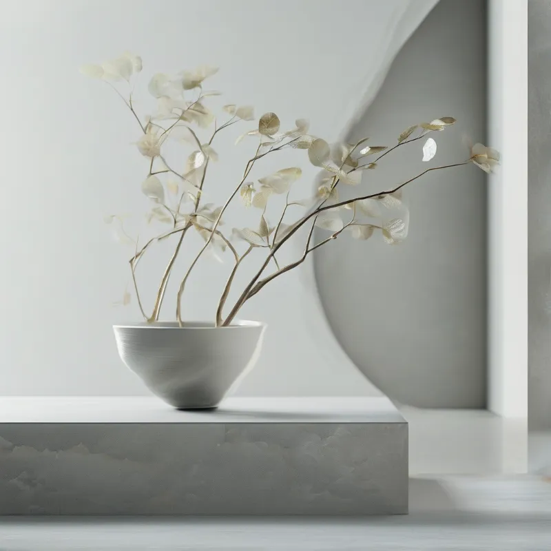 Delicate stems with small round pale gold leaves spread from a white bowl on a textured gray pedestal.