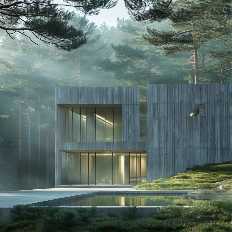 A board-formed concrete villa with glowing glass sits quietly among tall pines and a still reflecting pool.