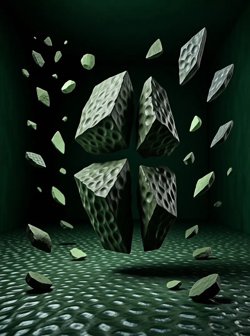 A broken green object with a dimpled texture shatters into pieces within a dark illuminated room.