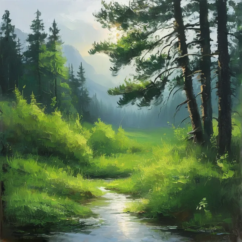 Loose brushwork builds a green woodland clearing where a shallow creek reflects sunlight filtering through tall conifers.