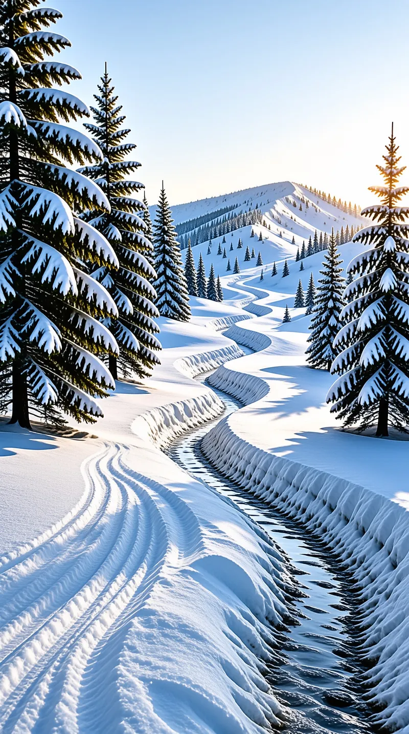A frozen river winds through a snow-covered pine forest with rolling hills in the background.