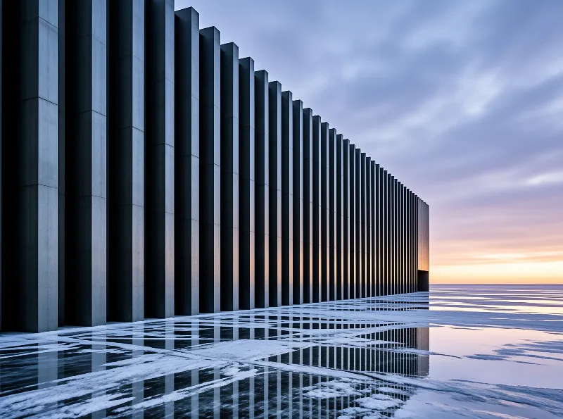 A series of rhythmic concrete columns stands beside a frozen expanse reflecting the gradient of a twilight sky