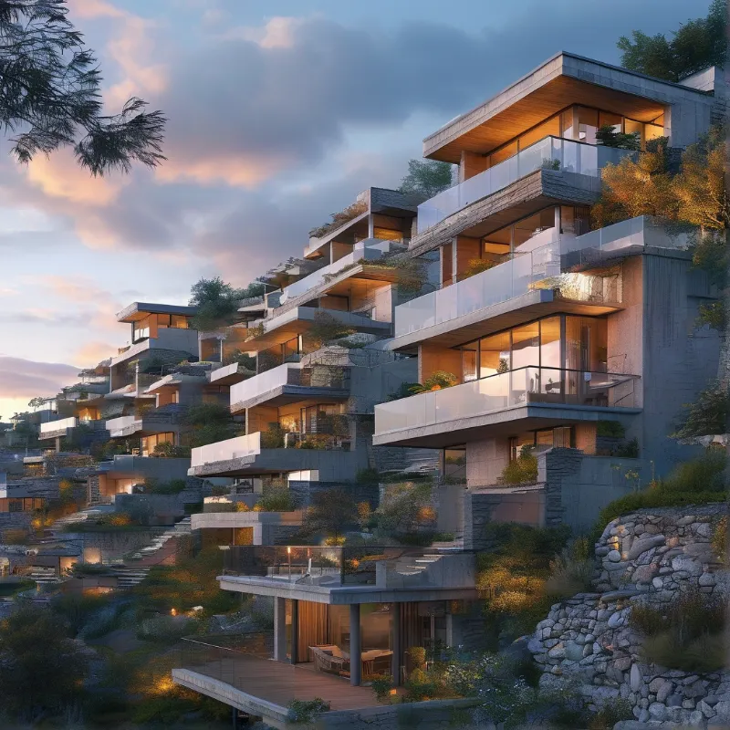 Stacked concrete houses on a hillside feature illuminated rooms and glass railings set against a sunset sky.
