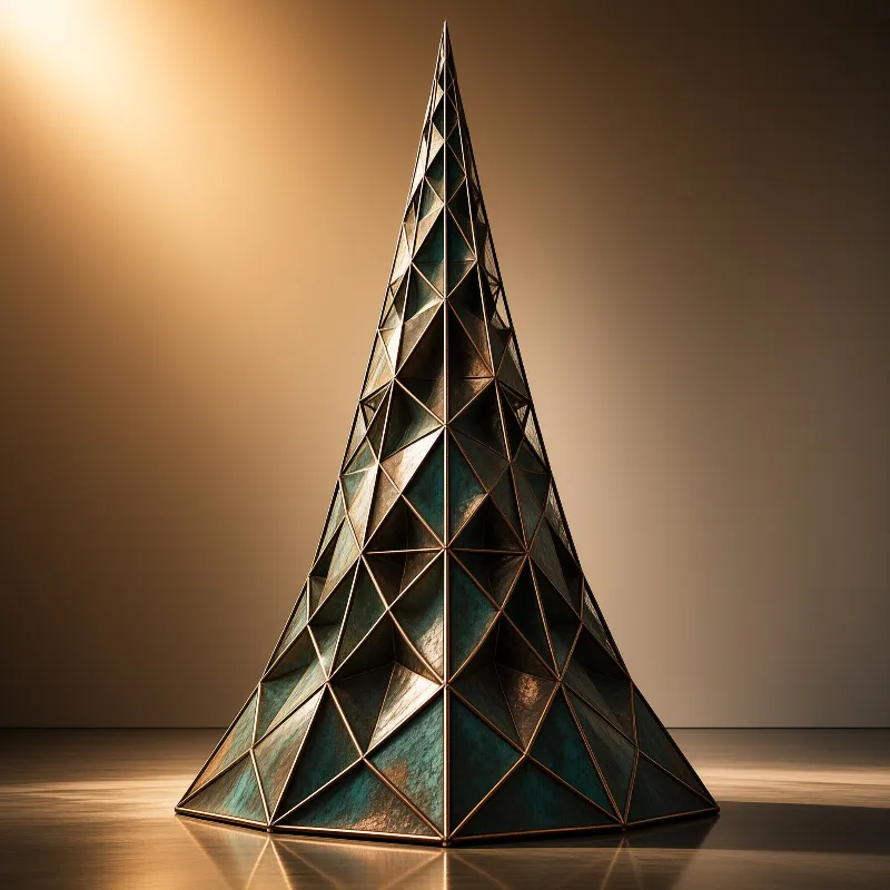 A tall faceted cone sculpture of bronze and patinated green panels lit by warm studio light