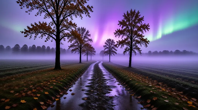 Misty Path Under Aurora