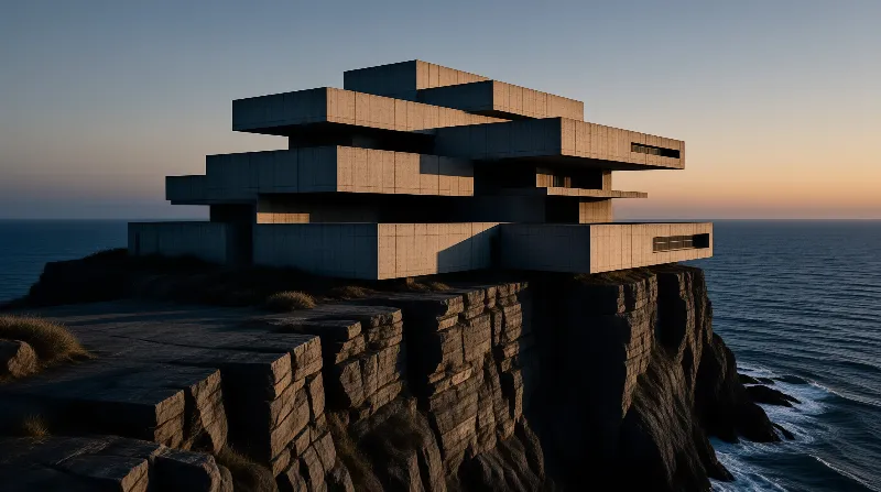 Concrete building perched on a coastal cliff at dusk, its sharp facades lit by warm sunset light against the open sea.