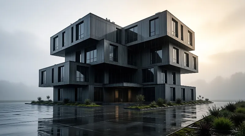 A modular cube shaped concrete residence sits on a rain slicked stone pier, shrouded in low fog under soft pale dawn light.