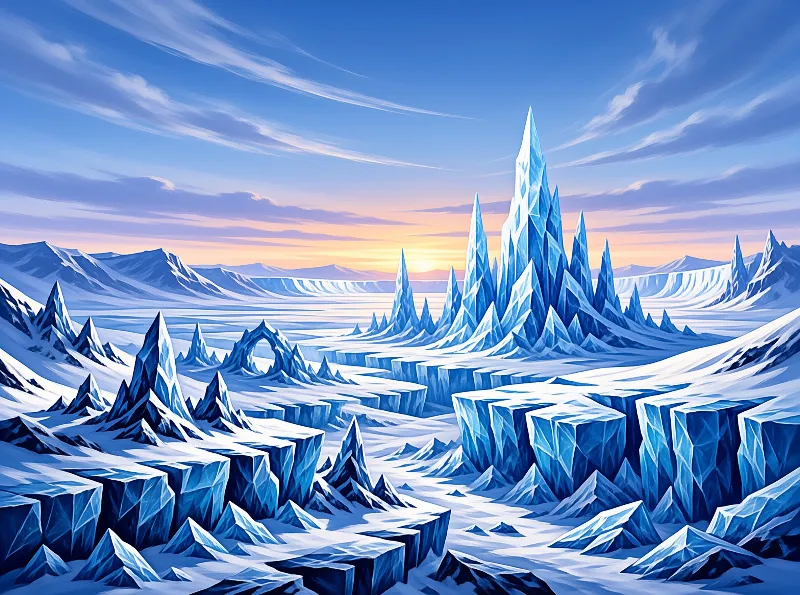 Sharp crystalline structures emerge from a snowy terrain under a gradient sky transitioning to orange.