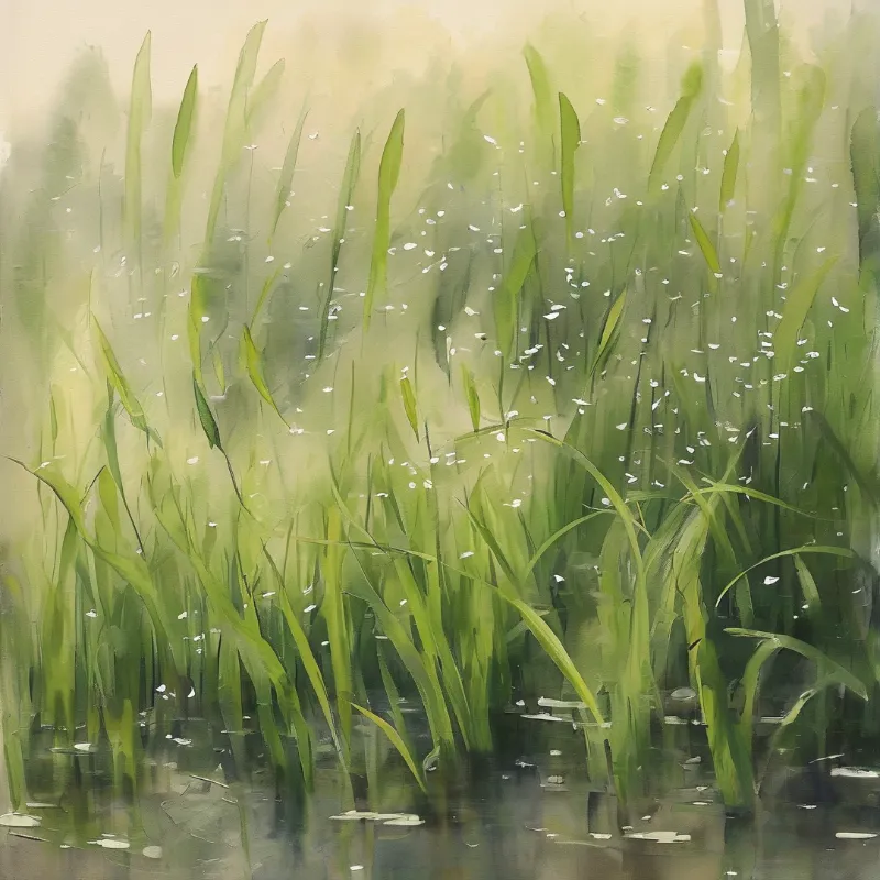 Blurred green marsh reeds rise above calm water, with scattered white dew glints across a soft hazy light-toned background